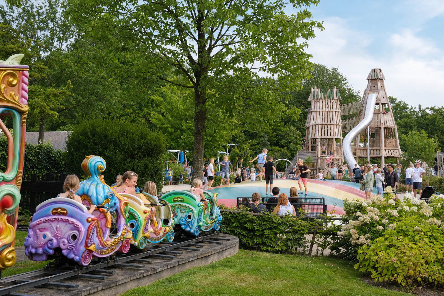 Gezin met kinderen in een familiepark in Groningen met speeltoestellen, attracties en groen