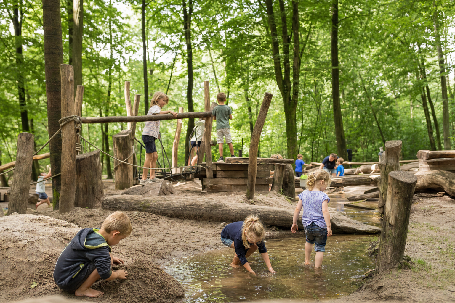 Natuurspeeltuin met houten toestellen en water in een Gronings bos